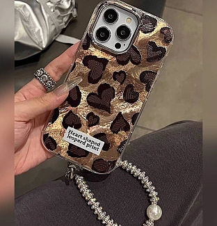 قاب heart leopard همراه با بند توپی مرواریدی Iphone